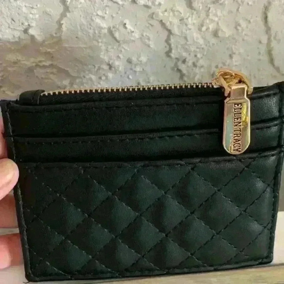 Ellen Tracy Quilted Coin Purse Credit Card ID Wallet Black Zip Pre Owned - Picture 5 of 8